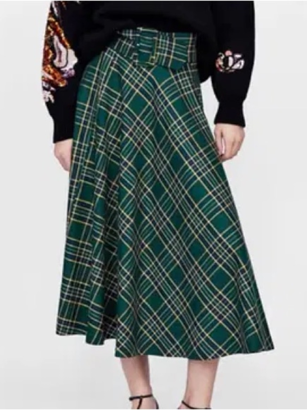 Zara Women Green Plaid Belted A-Line Midi Skirt Size XS